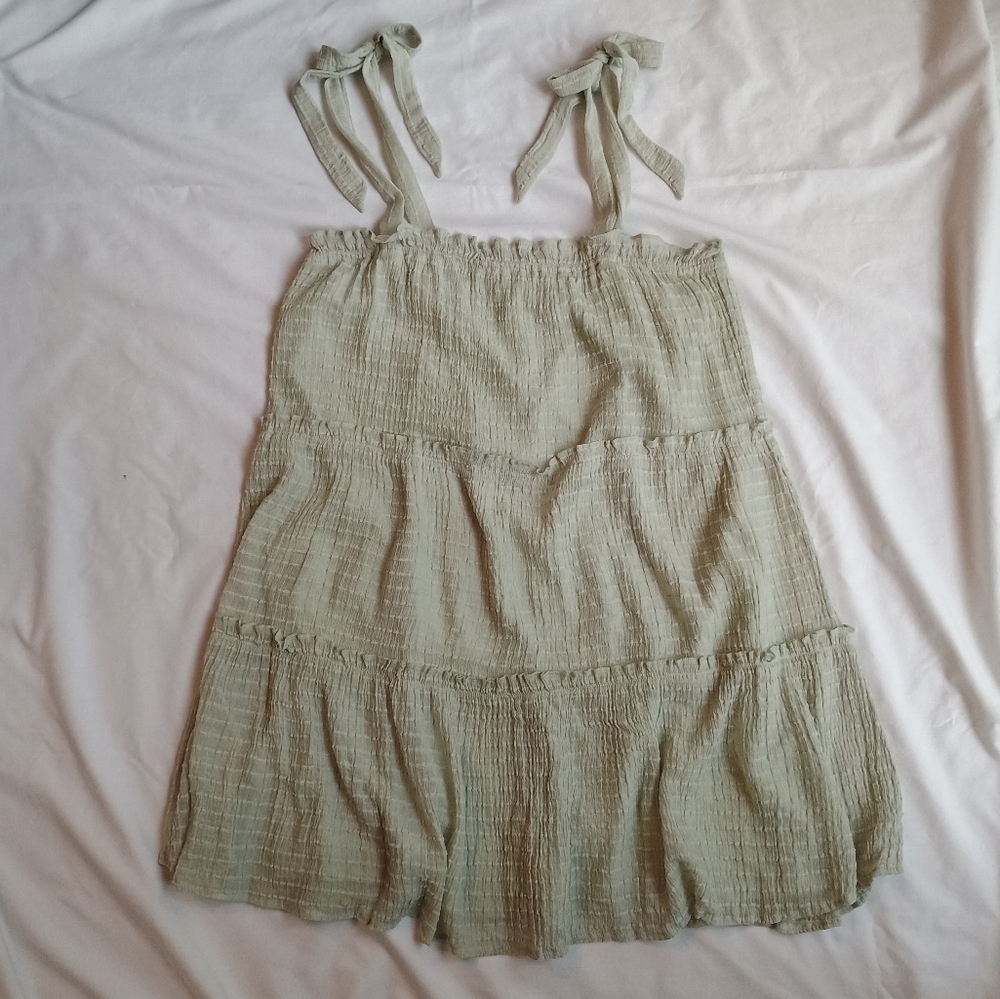 Altar'd State Tiered Mini Dress Tunic Top Women's M Tie Shoulder Textured Green